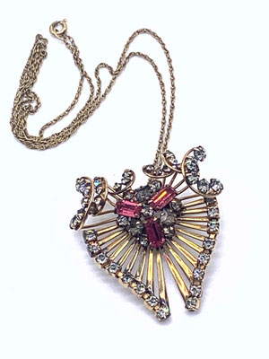 Vtg 1/20 12K GF M&S Gold Filled Floral /Butterfly fine twisted Chains w/Prong Set Pink/Smoke/Clear Crystal Pendant Brooch- art.210/5