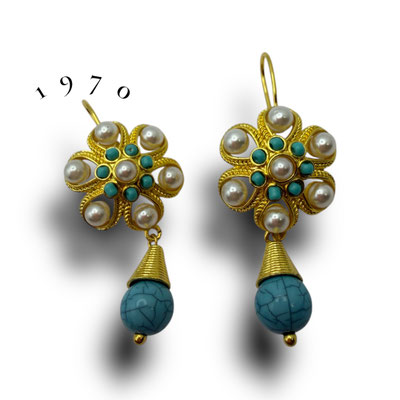 1970 dangle glass turquoise and faux pearls earrings - Edwardian-era jewelry design -for pierced ears --Art.591/7