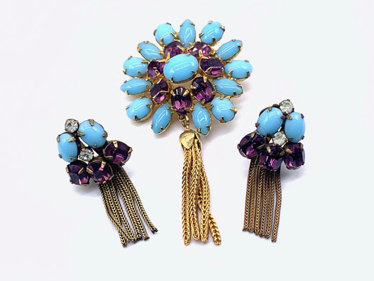 WEISS rare beauty brooch and earrings set - Tassel dangle set w/vibrant glass stones in Turquoise and Violet - Art.510/6
