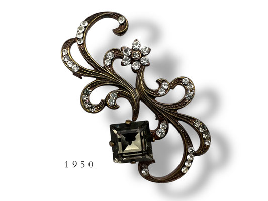 Vintage curly branch brooch with faux smoky topaz and clear rhinestones on antique gold metal - Art.922/2 -