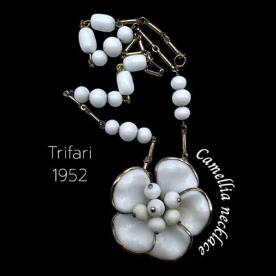 Gorgeous 1952 Trifari Alfred Philippe  “Camellia” BOOK Piece in gold  Trifanium  and White Milk Glass flower and beads- art.496/7