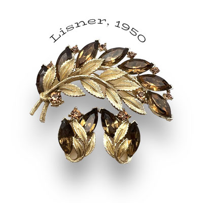 Vintage Lisner Floral Gold Leaf & Colorado Amber Rhinestone Brooch Earrings Set - Late 1950 Lisner jewels - Art.442/7