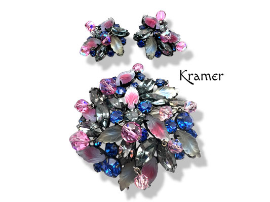 Kramer Cha Cha Crystal set in pink & blue Set w/Sabrina, Molded Glass and Glowing Satin Glass, Brooch and Earring Set- art.653/7