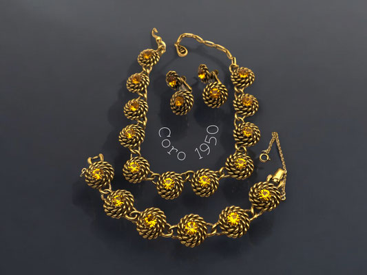 BOOK PIECE Vintage early CORO twisted rope medallion necklace,bracelet & earrings set - large round cut topaz crystal - Art.249/3 -