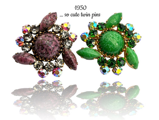 1950s twins BROOCHES/PINS - two Green and Purple top quality stone brooches - lovely couple collector pins - 2 pcs--art.43/7