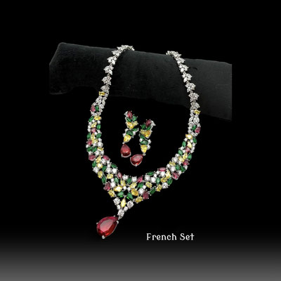Necklace and Earring Set with green, red and yellow Zirconia – Contemporary yet vintage-inspired- Art.703/7