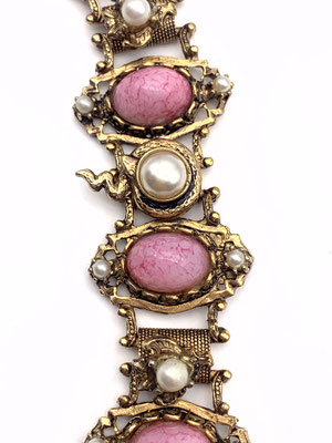 Florenza Unsigned Bracelet Renaissance Revival Style Intricate BookChain Design ornated by Art Glass Pink Peking & Pearls-a180/5
