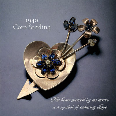 1940s Coro Sterling with Rose Gold Wash and Blue Rhinestones 'Heart and Flowers' Brooch- art.212/7