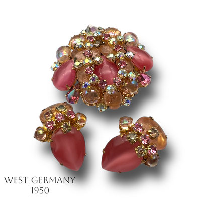 Early Gorgeous Pink Glass cabochon M.West Germany (DIOR Era) Brooch & Earrings set - Awesome palette e sparkling stones-Art.481/7