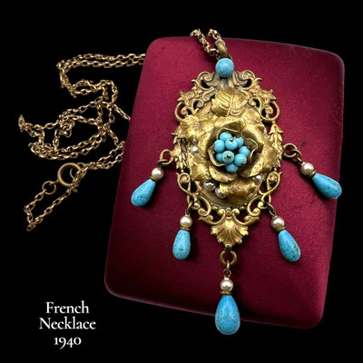 Divine Belle Époque French Pendant Necklace w/elaborate layered pendant, robin's egg blue turquoise drops and simulated pearls - Art.505/7