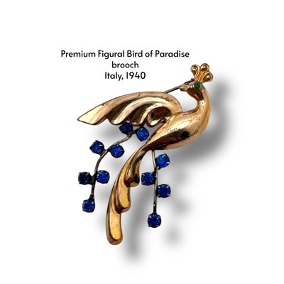 Elegant 1940 figural bird  brooch on branch with blue crystals  - antique Italian creation and sparkling stones - Art.619/7