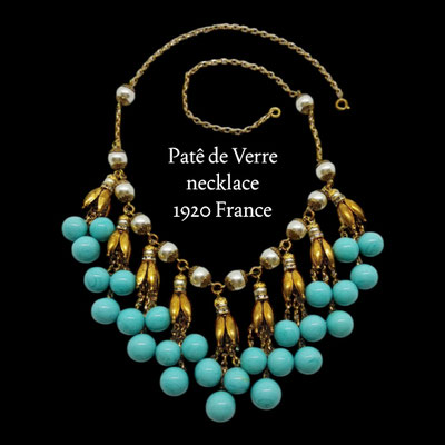 Vintage French Pâte de Verre Turquoise glass beads elaborate bib Necklace with bloom gold tulip & beaded tassels- Louis Rousselet -Art.570/7
