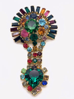 Gaudy beautiful dangle design multicolor rhinestones brooch - green emerald heart and many colored sparks - art.867/4