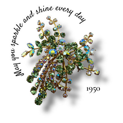 Shiny 1950s/60s Austrian Layered Floral green and AB champagne Spray Brooch/Pendant with vibrant crystals -- art.510/7