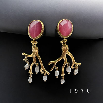 Fabulous Sea-inspired gold plated earrings w/genuine Pink Chalcedony and dangling real freshwater pearls -art.564/7
