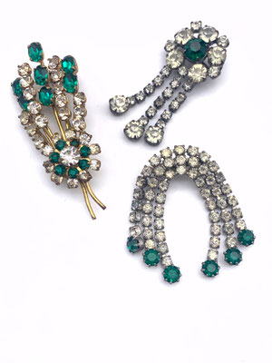  1940 ancient European crystals brooches - sparkling clear accented with emerald green - three pins with exquisite feminine design -art.455/4-