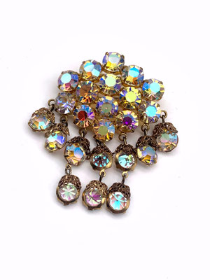 1950s Vtg sparkling jonquils yellow gold colors superb AB rhinestones dangling fringe Brooch - Quality stones on gold tone setting-art.622/5