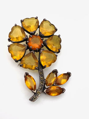 Old 1920s European Treasury Honey Amber heart stones & marcasite Rare Flower figural Brooch - 925 silver sterling Gorgeous rarity -Art.780/4