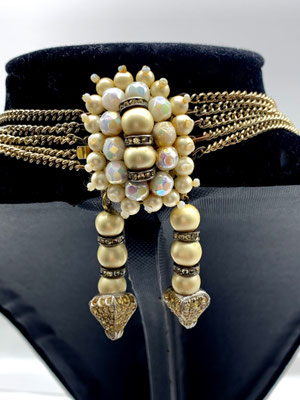 Five strand AB White glass bead and Champagne color necklace upscale jewelry - AMAZING jewelled  clasp