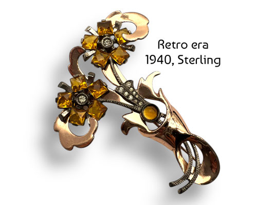Authentic Retro Sterling Floral Brooch w/Rose Gold Vermeil-w/glass topaz and clear sparkling pastes-Enchanting beauty of high quality-a413/7