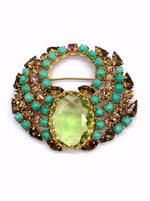 Spectacular 1950s vintage Ancient European brooch - gold finish with  Peking Art Glass & amber crystals  -Art.77/4-