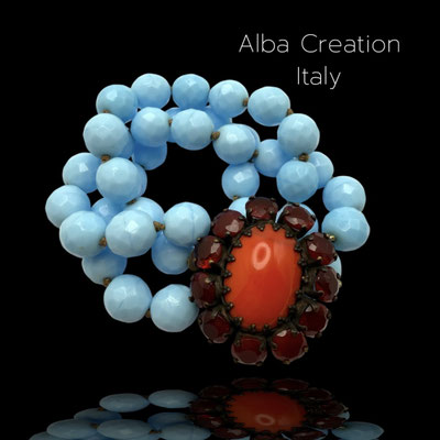 Rare Vintage Italian Designer Bracelet, 3 Strands of Turquoise Pearls with a Coral/Ruby Clasp-Art.712/7-SOLD OUT