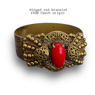 Vintage Czech Poppy red Glass Hinged Bangle Bracelet Ornate Antique Costume Jewelry -Art.517/7