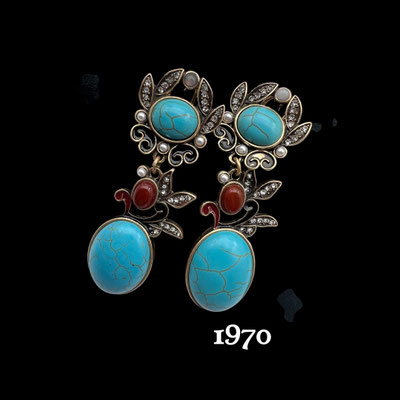 Vintage Dangle Earrings, Faux Turquoise, seed pearls clear crystals, late 1970 Made in France -art.612/7