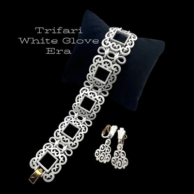 VTG Crown Trifari White Enamel Scrolled Panel Bracelet and Dangle Clip Earrings Set - summer, seasonal or cruise jewelry -Art.586/6