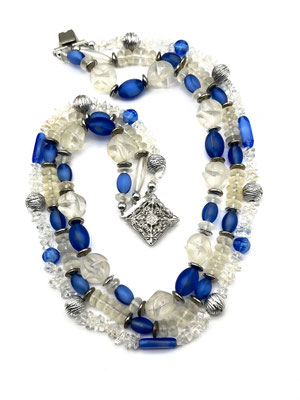Lovely 3 strand cascade design necklace, poured glass cornflower blue beads, ice white & nice filigree clasp- Art.527/6