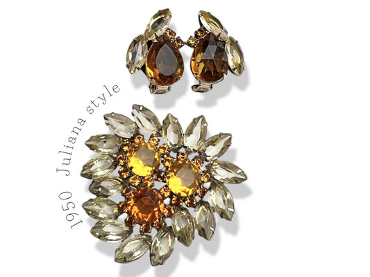 Juliana D&E style Persuasive sparks brooch and clip-on earrings set of glass Topaz, Champagne unfoiled stones- - Art.659/7