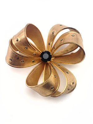 Fine brushed black diamond bow/rosette pin brooch vintage large round open loop ribbon gold tone finish -Art.849/4