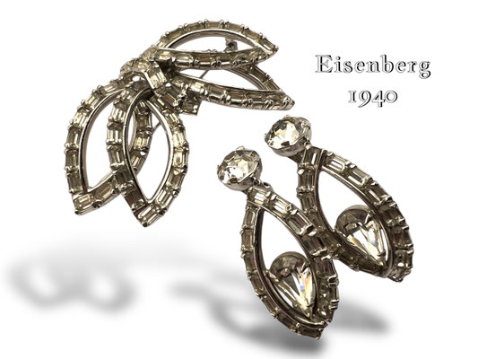Superb earrings and brooch set by Eisenberg - great colorless stones on rhodium silver - signed & numbered-rare sparkling demi set-art.150/5