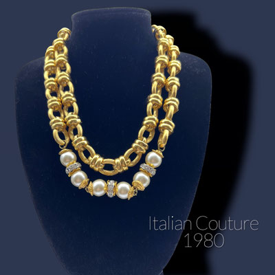 Chunky two elaborate goldtone chain w/pearls and rhinestones Necklace - A statement High-end Italian couture chains necklace- Art.520/7