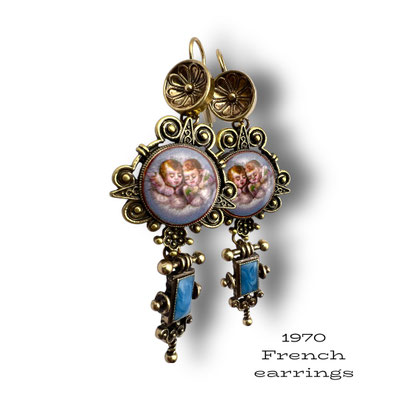 Captivating and eye-catching Napoleonic design long French Earrings with putti/cherub miniature and turquoise enamel, unique-art.544/7