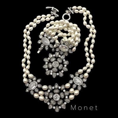 MONET Faux Pearl & Crystal Bridal Wedding Statement Jewelry Set-spectacular centerpiece unfoiled stones and chatons-original Label-art.661/4
