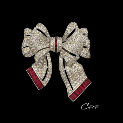 Vintage CORO Rhinestone Bow Brooch - Signed 1940s-50s Retro Ribbon Pin Red Baguette and Princess - Art.705/7