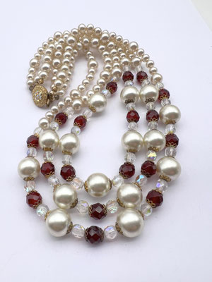 Classy look 3strands glass Pearls and glass Garnet w/AB luster beads accent necklace - color & elegance in fine cascaded design -Art.467/7