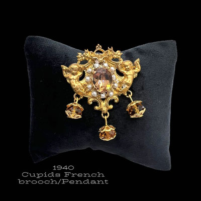 French Nouveau Baroque Style Topaz & seed pearls Repousse Gold tone Twin Chubby Cherubs Brooch/Pendant-Art.596/7