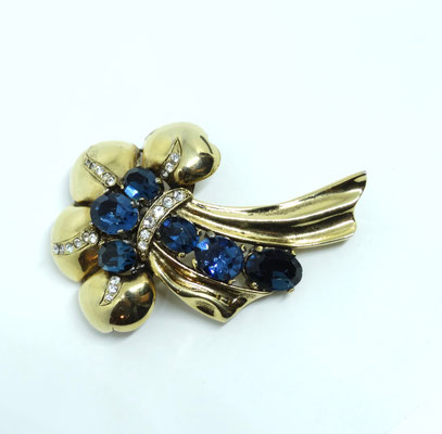 Early "Eisenberg Original" gold wash blue large stones and diamond Rhinestone exotic flower Brooch - Art.111/6