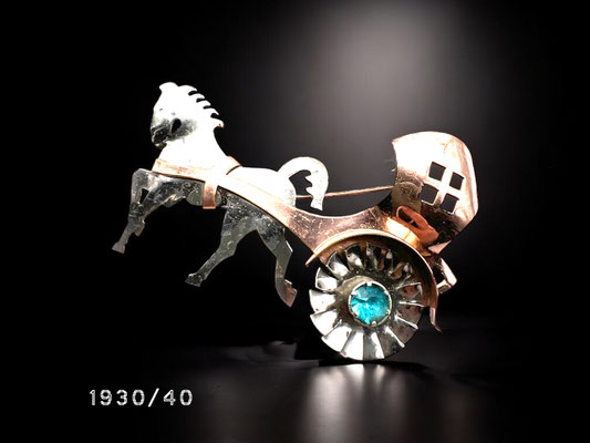 Early 1940s  silver tone Horse with rose gold tone cart Brooch - artisan  Horse Drawn Cart with aqua stones - Art.406/7 -
