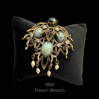 Suggestive glow AB chatons, natural pearls & Art Glass cabs in a glorious old French brooch-graceful old pin with great charm -Art.479/7