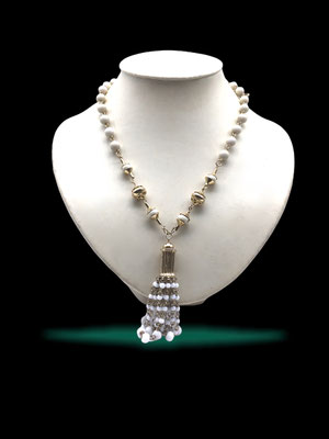 Lovely total white beads and dangle tassel necklace - milky white Lucite beads necklace with pale gold tone finishing --Art.262/5