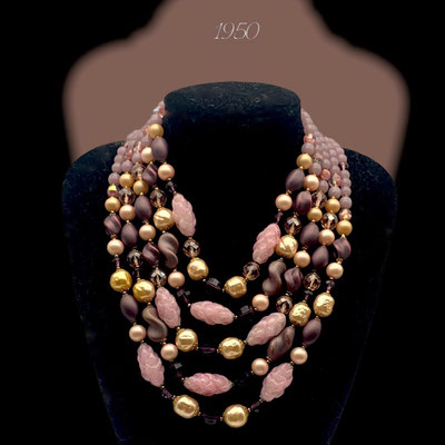 Awesome Beaded Five Strands Palette in Violet/Mauve/Pink Art Glass Beads 50s Vintage - lovely quality European vintage necklace-art.235/6