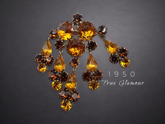 Vintage sparkling rhinestone dimensional large topaz and amber glass stones brooch waterfall dangle design-Art.247/7