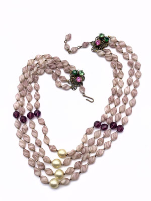 Old Europe 4 strands glass purple/violet beads & simulated pearls Necklace w/ sparkling chaton clasp - art.464/2
