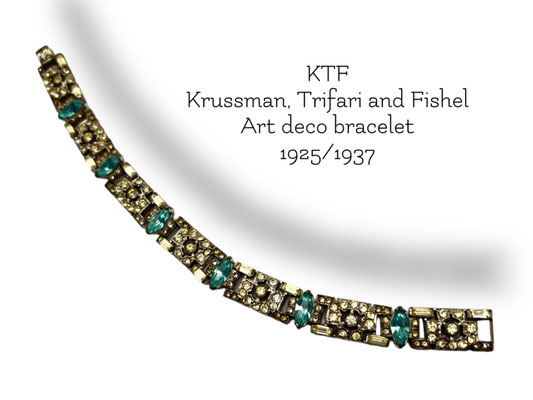KTF Trifari Art Deco Rhinestone Aqua glass stones Bracelet Rhodium Plate - really glamorous jewel - Art.975/6