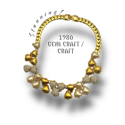 High End Gorgeous Gem Craft design Necklace-Amazing central section of Hearts in Simulated pearls, Clear Crystals and textured surface-409/7