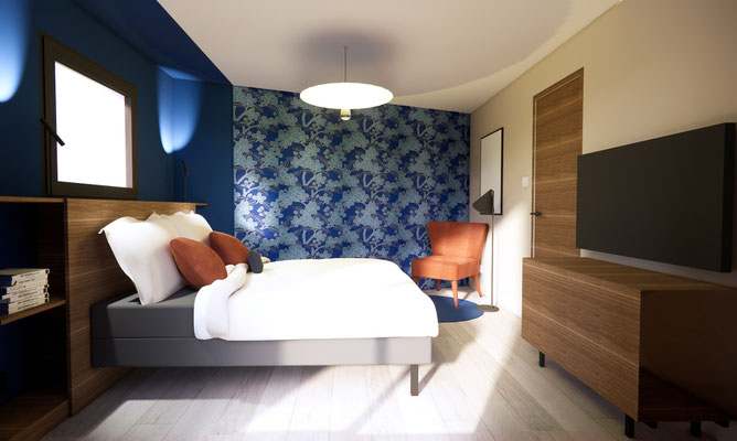 chambre parentale chic, fonctionnelle, tete de lit sur mesure, papier peint bleu