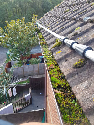 Hand tools being used to clear this guttering full of moss in Exeter